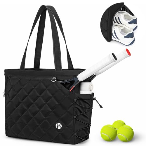 KAVIGOR Tennis Tote Bag with Shoe Compartment - Extra-Large Quilted Pickleball Bag Holds 2-4 Rackets, Water-Resistant & Lightweight for Men & Women - color: Black