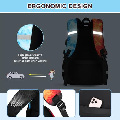 3PCS School Backpack for Boys, Cool Gamer Boys Backpack with Lunch Box and Pencil Case for Kids Kindergarten Teens Elementary Middle School Bag with Convenient Charging Port,Gaming Bookbag Waterproof - color: Red & Blue Flame Headphones