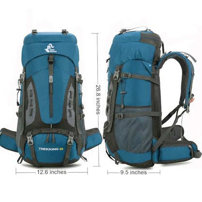 Bseash 60L Hiking Camping Backpack with Rain Cover, Waterproof Large Capacity Outdoor Sport Travel Daypack Climbing Touring (Blue Green) - color: Blue Green