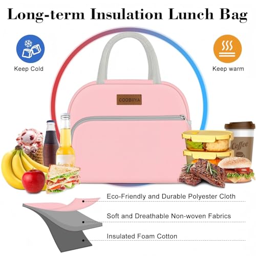 Coobiiya Lunch Bag for Women Men, Insulated Reusable Picnic Bag, 10.8"L x 6.3"W x 8.85"H, Pink - color: Pink