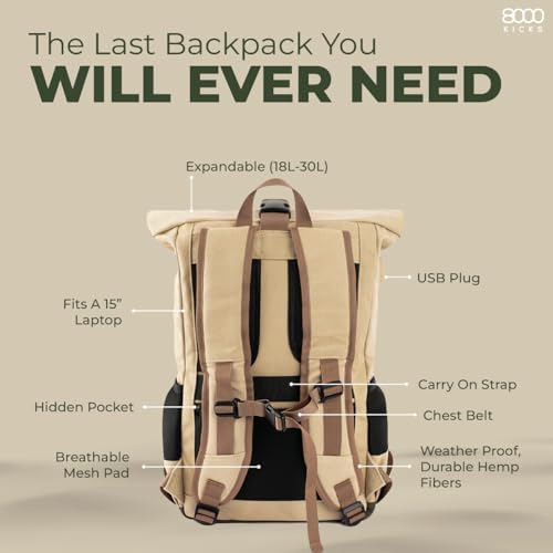 8000Kicks Everyday Hemp Backpack - Lightweight and Weatherproof Backpack for Work and Travel with Anti-theft pocket and Spacious Interior (Black and Red) - color: Beige and Red