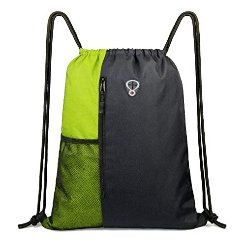 BeeGreen Lime Gym Bag Drawstring Backpack for Women Sports Backpack Workout Bag With 2 Water Bottle Mesh Pockets And Two Zipper Pockets - color: Black/Lime, style: Drawstring With Mesh Pocket