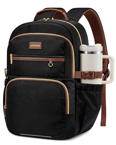 LOVEVOOK Laptop Backpack for Women, 15.6 Inch Travel Backpack with Giant Tumbler Holder Pocket, Multi-Pocket College School Bookbag Purse, Water-Resistant Work Daypack for Teacher Nurse - color: Black-chestnut Brown-m, size: 15.6 inch