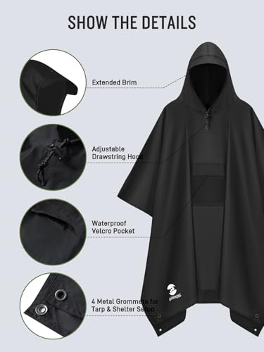 SaphiRose Extra Thick Hooded Rain Poncho Double Layer Waterproof Raincoat Jacket for Men Women Adults - color: Black