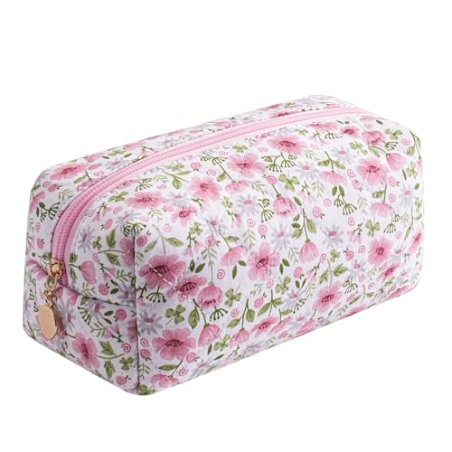 Cute Floral Makeup Bag Small Cotton Quilted Cosmetic Bag, Aesthetic Essential Bag Emergency Bag Gift for Women Girls Travel Accessories (Pink Big Flowers) - color: Pink Big Flowers