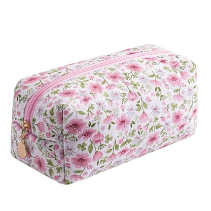 Cute Floral Makeup Bag Small Cotton Quilted Cosmetic Bag, Aesthetic Essential Bag Emergency Bag Gift for Women Girls Travel Accessories (Pink Big Flowers) - color: Pink Big Flowers