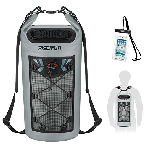 Piscifun Dry Bag, Waterproof Floating Backpack 10L/20L/30L/40L with Waterproof Phone Case for Boating, Kayaking, Fishing - color: Grey, style: 30l