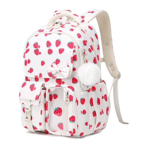 Girls Backpack, School Backpack for Girls, Cute Bow Kids Bookbag for Grils Children Teens for Elementary Middle High School Student, Back To School, White Strawberry - color: White Strawberry