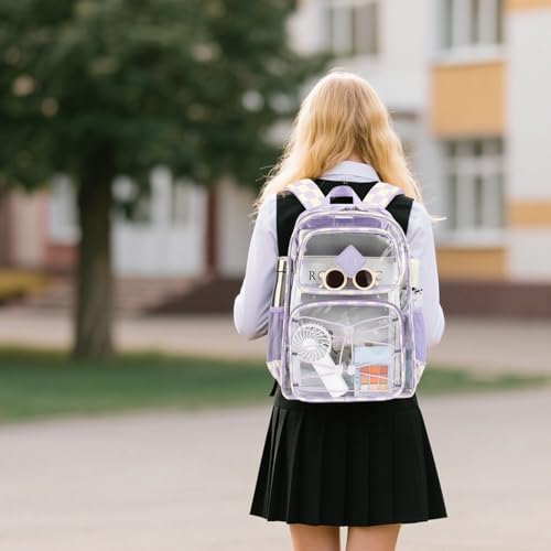 Clear Backpacks for Girls Women, Heavy Duty PVC Transparent Back Pack See Through Boys Kids Clear Bookbags for School Checkered Purple - color: Checkered Purple
