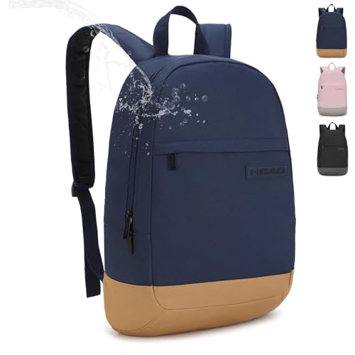 HEAD Waterproof College Backpack for Women & Men, Lightweight Casual Daypack with 15.6 Inch Laptop Compartment, Compact Basic Bag with Inside Water Bottle Pocket for Sport, Fitness, Daily Use - color: Navy