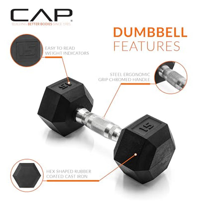CAP Rubber Coated Hex Dumbbell Set with Storage Rack | 100–210 lb Options, Space-Saving Vertical Compact Storage for Home Gym Strength Training - size: 210 lb - Set - Black Rack, style: Chrome Handles
