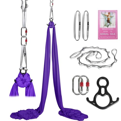 Aerial Silks Kit & Aerial Yoga Hammock - 11Yd Premium Fabric with Hardware - Easy Setup for Flying Yoga, Aerial Swing & Fitness - Supports Up to 14ft Rigging - color: Dark Purple