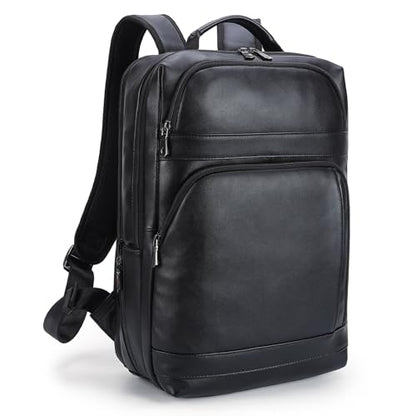 Masa Kawa Black Leather Laptop Backpack for Men Fits 16” 15.6” Computer, Business Travel Work Large Daypack Camping Weekender Bag - color: Black