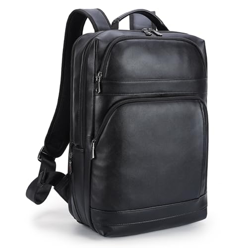 Masa Kawa Black Leather Laptop Backpack for Men Fits 16” 15.6” Computer, Business Travel Work Large Daypack Camping Weekender Bag - color: Black