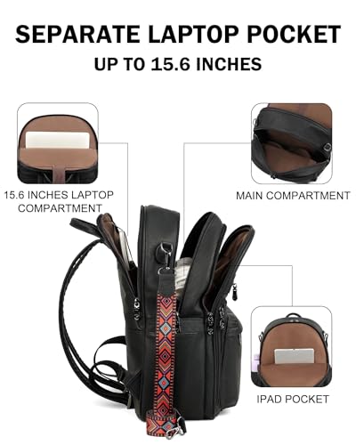 FADEON 15.6 inch Laptop Backpack Purse for Women Designer PU Leather Computer Backpacks Fashion for Work Travel Black - color: Black Retro Style
