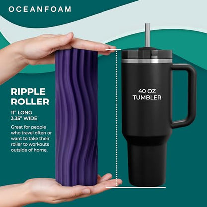 Oceanfoam Ripple Travel Foam Roller (11" x 3.35") Firm Mini Foam Roller for Physical Therapy, Deep Tissue Massage, Back Pain - High Density, Ergonomic Wave Textured - Yoga, Pilates, Exercise (Seafoam) - color: Purple