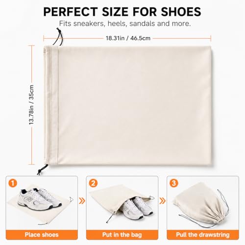 Shoe Bags for Travel, 4 Pack Travel Shoe Bag Organizer, Large Flannel Shoe Bags with Drawstring for Boots, Heels, Handbags & Packing, Washable Reusable Shoe Pouches, Black & Beige