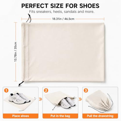 Shoe Bags for Travel, 4 Pack Travel Shoe Bag Organizer, Large Flannel Shoe Bags with Drawstring for Boots, Heels, Handbags & Packing, Washable Reusable Shoe Pouches, Black & Beige