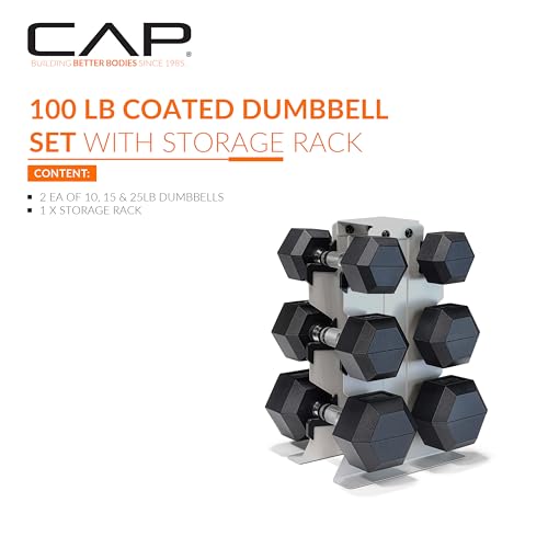 CAP Dumbbell Set with Rack, Rubber Coated Hex Free Weight Set | 100–300 lb Options, Vertical Space-Saving Storage for Home Gym Strength Training - size: 100 lb Set - Light Gray Rack, style: Chrome Handle