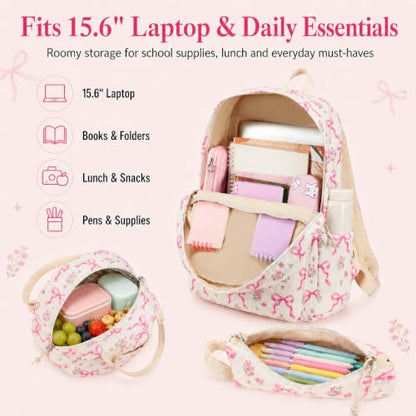 BTOOP School Backpacks for Teen Girls Bookbags Lightweight Kids Backpack School Bags Set with Lunch Box Pencil Case - color: Pink Bow Beige-285