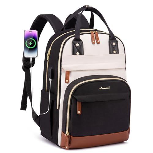 LOVEVOOK Laptop Backpack Women with USB Port Design,17.3 inch Waterproof Work Travel Backpack Computer Laptop Bag,Cute College Nurse Teacher Backpack Purse,Gifts for Women & Men,Beige-Black-Brown - color: Beige-black-brown, size: 17 Inch