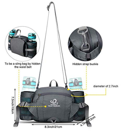 WATERFLY Fanny Pack Waist Bag: Fannie Pack 2 Water Bottle Holders Lumbar Belt Hiking Walking Running Jogging Camping Large Woman Man (Bottle Not Included) - color: Gray
