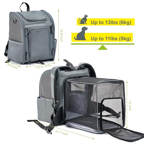 Expandable Pet Carrier, Airline-Approved Foldable and Detachable Backpack, Fits 13lbs Cat&11lbs Small Puppy Dog, for Car Travel,Camping and Emergency Transportation and Shelter (Grey)