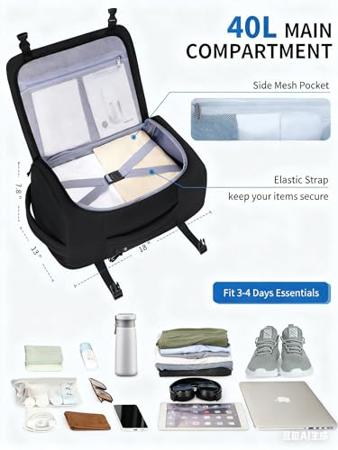 ECOHUB 40L Carry-On Travel Backpack, TSA-Friendly, Anti-Theft Water-Resistant Lightweight with 17.3″ Laptop Compartment, Durable PFAS-Free Rucksack, Black - color: Black