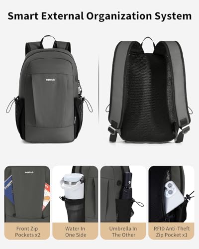 ECOHUB Mini Anti-Theft RFID Backpack for Women and Men, Water-Resistant, Lightweight Travel Daypack with iPad Sleeve, Key Holder, 9 Pockets, Daily Short Trips, Grey - color: Grey