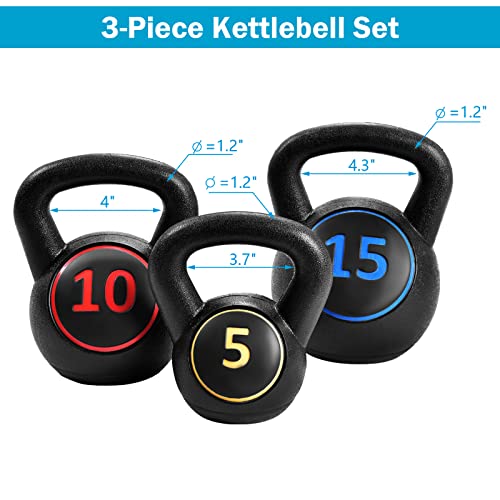 Goplus 3 Pieces Kettlebell Set, 5, 10, 15 lbs HDPE Coated Concrete Fitness Kettle Bells w/Easy Grip Wide Handle, Home Gym Exercise Weights HIIT Workout, Weightlifting, Strength Training, Conditioning
