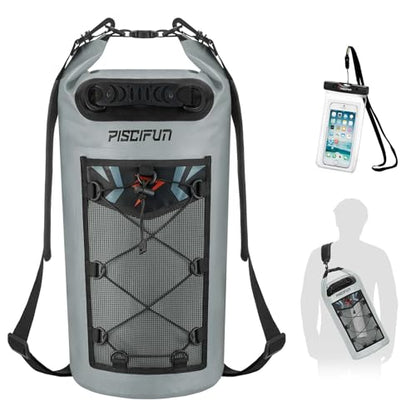 Piscifun Dry Bag, Waterproof Floating Backpack 10L/20L/30L/40L with Waterproof Phone Case for Boating, Kayaking, Fishing - color: Grey, style: 20l
