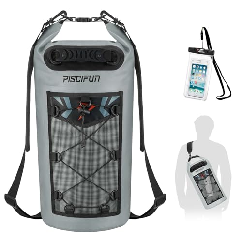 Piscifun Dry Bag, Waterproof Floating Backpack 10L/20L/30L/40L with Waterproof Phone Case for Boating, Kayaking, Fishing - color: Grey, style: 20l