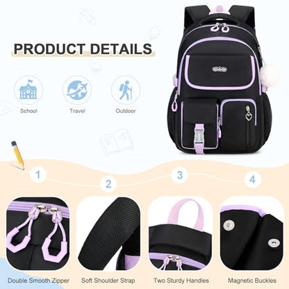 DIGOBAY Backpacks for Girls, 3PCS School Backpack with Lunch Box Pencil Pouch for Teen Girls Children Elementary Primary Middle High College Daypack School bag Bookbag Set（Black-Purple） - color: Black-purple