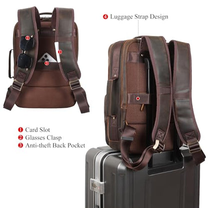 TIDING Full Grain Leather 15.6" Laptop Backpack for Men Multi Pockets Casual Daypack Business Travel Rucksack - color: Deep Brown