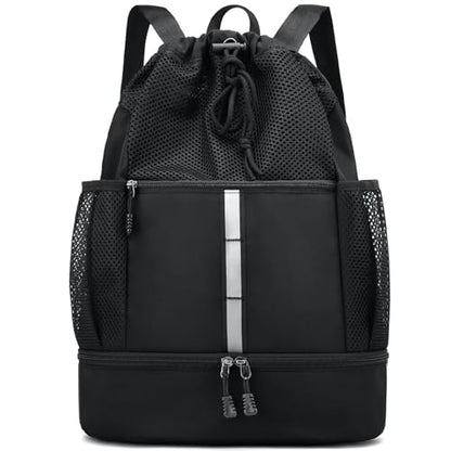 PinCute Drawstring Gym Bag for Men/Women - Mesh Beach Swim Bags Sports Backpack with Wet Pocket&Shoe Compartment, Lightweight - color: Black