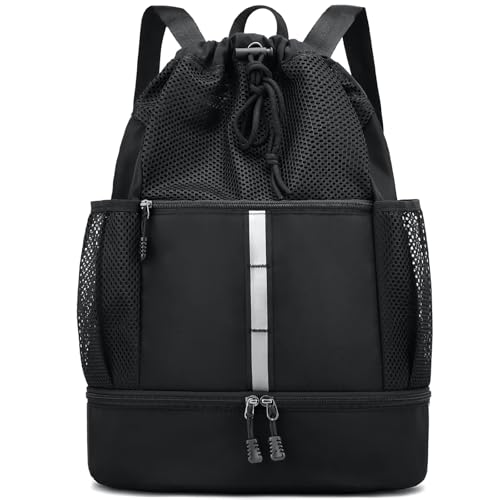 PinCute Drawstring Gym Bag for Men/Women - Mesh Beach Swim Bags Sports Backpack with Wet Pocket&Shoe Compartment, Lightweight - color: Black