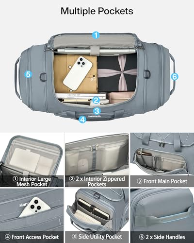 Hanke Gym Bag for Men Women, Expandable 45L-55L Large Capacity Travel Duffle Bag, 3-in-1 Weekender Backpack with Shoe Compartment & Wet Pocket, Durable Water-Resistant, Grey - color: Grey