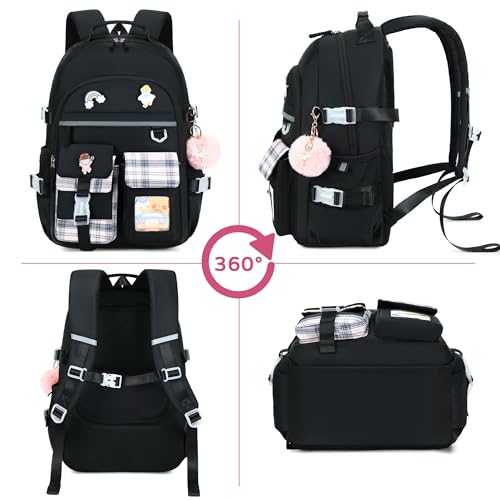 Backpack for Girls, 15.6 Inch Laptop School Bag Kids Kindergarten Elementary College Backpacks Large Bookbags for Teen Girl Women Students Casual Travel Daypacks (Black) - color: Black