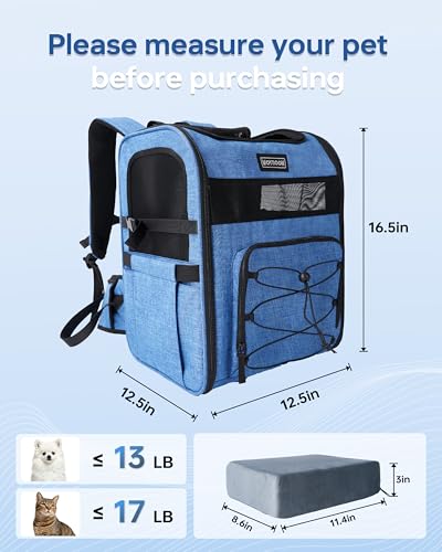 Hiking Dog Carrier Backpack, Padded Height-Enhancing Design, Adjustable Waist Cushioning Belt with Breathable Padded Back Support, Dog Carrier Backpack for Small Dogs Max 13LB Blue with Pad - color: Blue