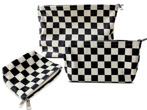 HAPPYHEIDI Checkered Corduroy Makeup Bag Set 3 Women Cosmetic Toiletry Travel Pouch Purse Accessory Organizer, 3-Size, Vintage Black Tan-White - color: GZTH-Checkered Set of 3