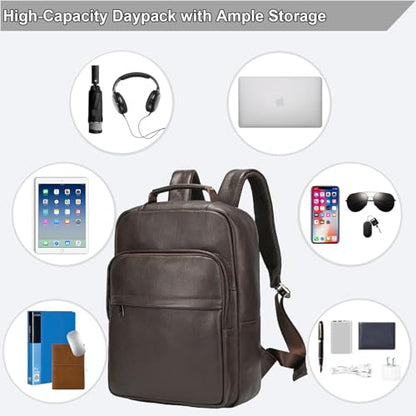 Durable Genuine Leather Backpack - 15.6 Inch Laptop Bag for Business Commute & Travel, Large Capacity Multi-Pocket Backpack for Men/Women, Coffee - color: Y80&19y Coffee