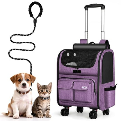 MGB Rolling Cat Carrier with Wheels: Dog Carrier for Small Dogs & Large Cats, Large Cat Carrier with YKK Zipper, Large Capacity, Breathable Mesh, Side Pocket, Purple (Not for Airline) - color: Purple