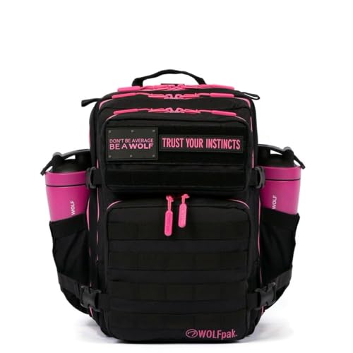 WOLFpak 25L Athletic Gym Backpack (Black Neon Pink) Durable 1000D Waterproof Oxford Material with MOLLE Webbing, Laptop Pocket & Dual Cup Holders - color: Pink Neon