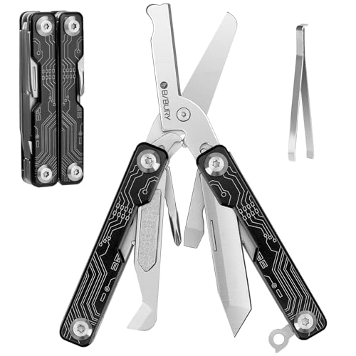 BIBURY Mini Keychain Multitool Scissors B12062B, 9 in 1 Multitool EDC Scissors with Screwdriver, Bottle Opener, Pocket Knife, Spring -Mini Multi Tool for Outdoor, Daily Use, Gifts for Men and Women - color: Black & White, size: Scissors