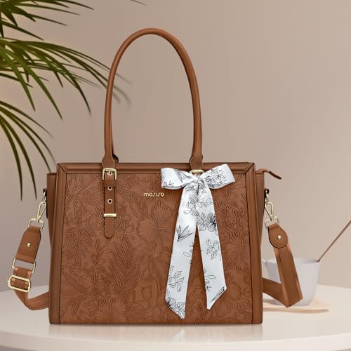 MOSISO Laptop Bag for Women, 17-17.3 inch PU Leather Tote Bag Compatible with MacBook, HP, Dell, Asus Notebook, Front Embossed Retro Hibiscus Computer Bags with Silk Scarf&Clutch Purse, Brown - color: Brown, size: 17.3 inch