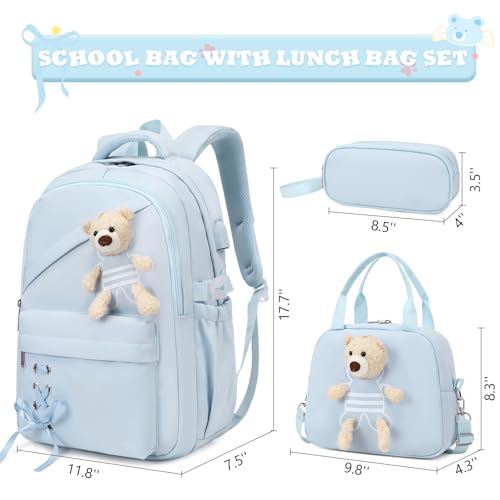 ACESAK School Backpack for Girls - 3 PCS Cute Girls Backpack with Lunch Box & Pencil Case - Kawaii Casual Kids Bookbag School Bag Daypacks Set for Elementary Middle High School Student Teens (Blue) - color: Blue