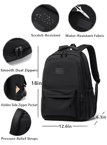 Water-Resistant Casual Backpack - Lightweight Travel Daypack with Laptop Compartment & Multi-Pocket Design (Black) - color: Black