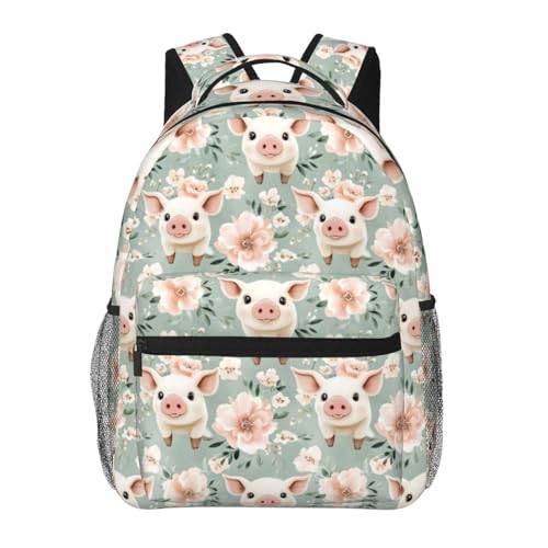 Floral Pig Casual Backpack, Lightweight Laptop Bag Daypack, Flower and Animal Backpacks for Women Girls Teens Students, Cute Cartoon Polyester Bookbag Gifts for School Work Travel Hiking - color: Pig