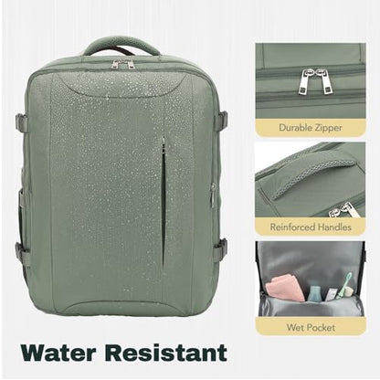 Travel Backpack, Carry On Backpack Airline Approved, 18x14x8 Travel Bag, 30L Personal Item Bag for Women and Men, Water Resistant Lightweight Weekender Bag, Casual Daypack for Business - color: Green