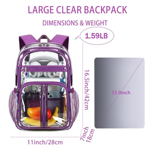Cusangel Large Clear backpack for Girls,16in See Through Heavy Duty Bookbag | Big Capacity Transparent bulk Plastic Bag For Stadiums,School,Warehouses,Concert venues Airport security checkpoints(Purple) - color: Purple-16.5in
